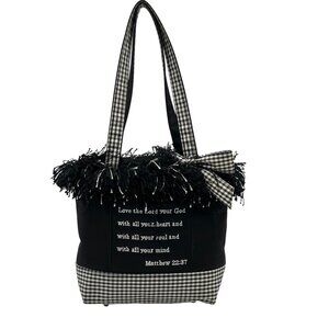 Unbranded Black & White Nylon Scripture Embroidered Fringe Tote Bag